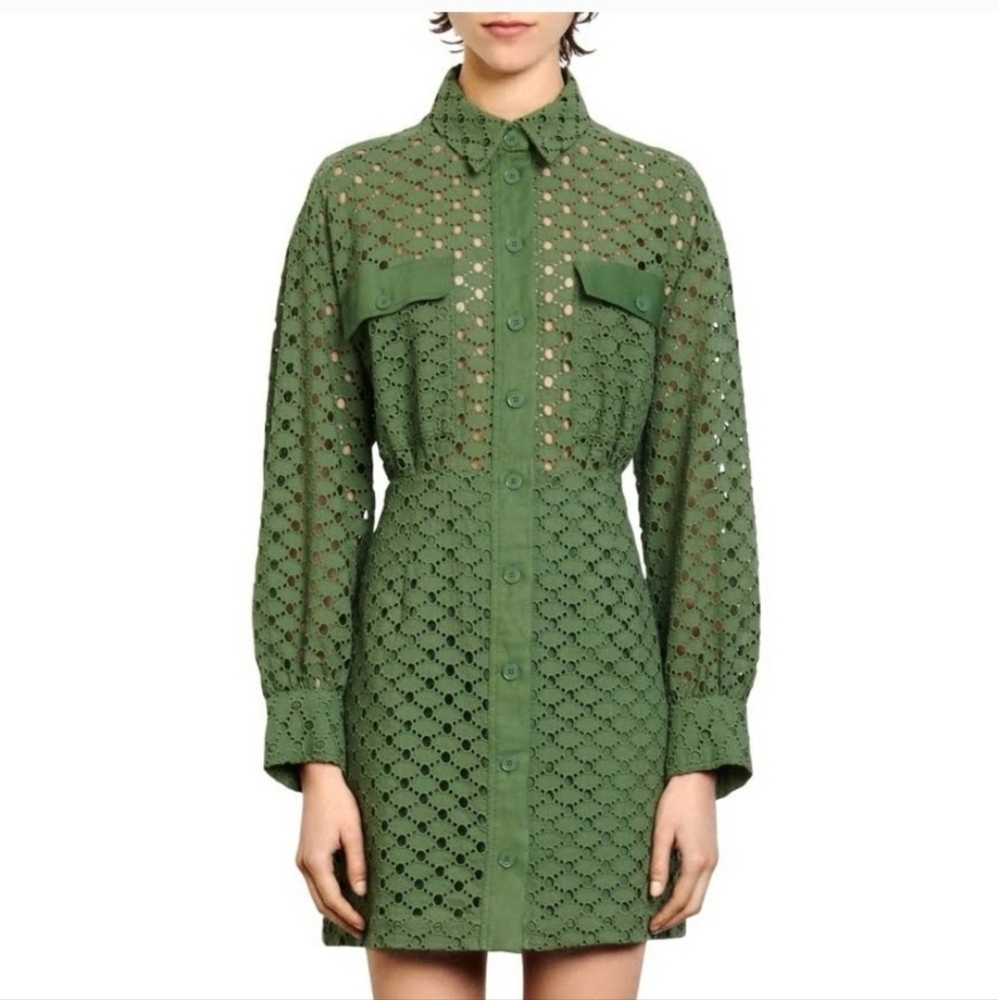 Sandro Paris Shera English Lace Eyelet Cotton Shirt Mini Dress Sz M Green